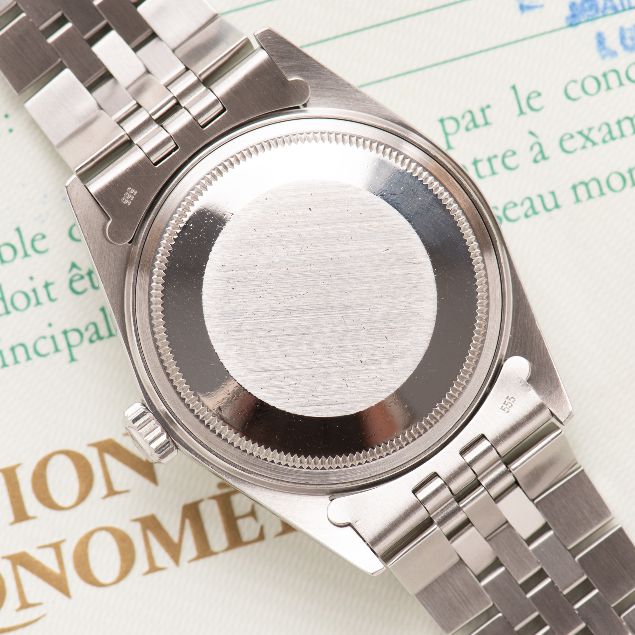 Zicht op Rolex Oyster Perpetual Datejust — zilveren tapisseriewijzerplaat — Ref. 16030 — 1988